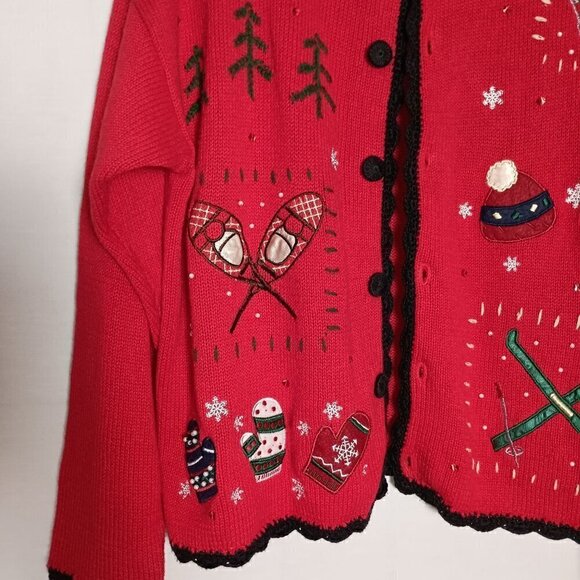 Ugly Christmas Cardigan Sweater Red & Black Crochet Trim Rami Cotton Blend Sz LG - Picture 2 of 11